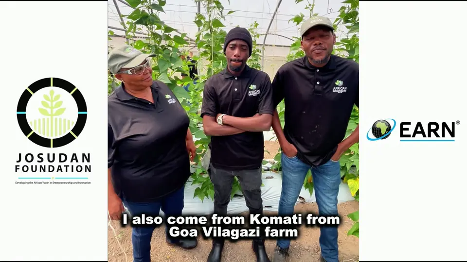 Three agripreneurs from Komati standing among their crops, framed by the Josudan Foundation and EARN logos